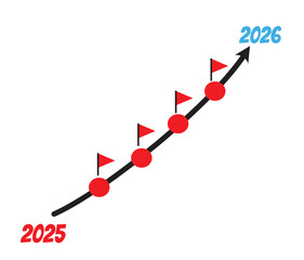 A diagram symbol or straight arrow pointing upwards with a red circle and a flag from 2025 to 2026. The concept of planning, process, growth, achievement, journey towards a goal. Happy New Year 2026.