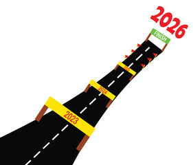 The straight asphalt road is marked with a signboard displaying the timeline from 2023 to 2026, leading to the finish line in 2026. The concept of planning, process, growth, achievement.