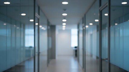 Obraz premium Abstract Blurred Modern Office Corridor with Glass Walls and Clean Corporate Architecture Background