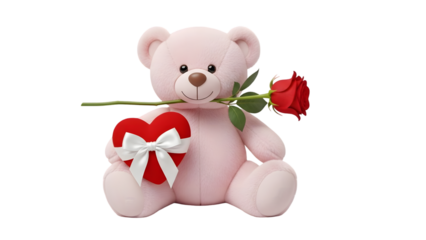 Pink teddy bear with heart and rose isolated on transparent background