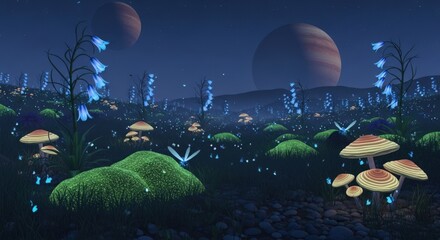 Alien Landscape with Glowing Flora and Distant Planets.
