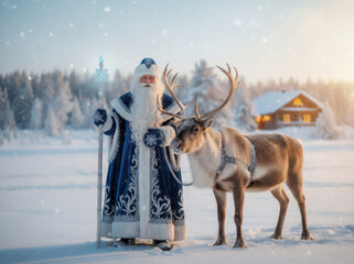 Father Frost and reindeer in snowy winter landscape