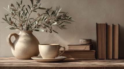 Scandi-style breakfast still life in a minimal home interior, featuring a beige ceramic vase with olive branches, a cup of coffee or tea, wooden table, old books, and an empty beige wall mockup 