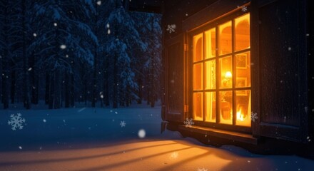 Cozy Cabin Window Glows Warmly on Snowy Winter Night.
