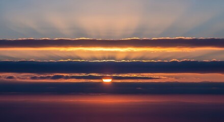 Dramatic Sunset Over Ocean With Sun Rays Breaking Through Clouds.