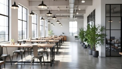 Modern office cafeteria with large windows and lush greenery