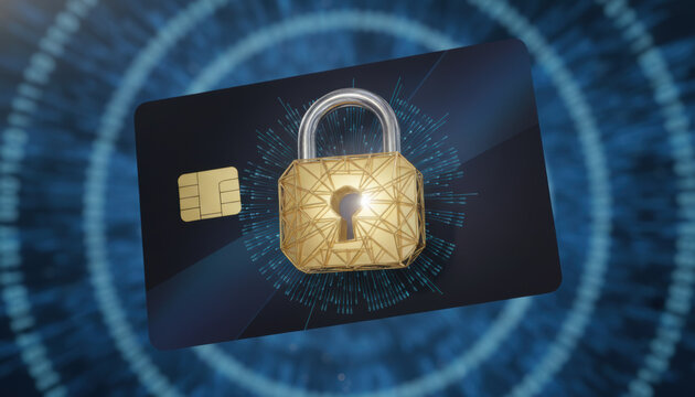 Secure banking credit card with gold lock for cyber protection and financial safety. Digital payment security against fraud in online finance and electronic business transactions using encryption. - Powered by Adobe