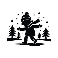 Child Playing in Snow Silhouette with Pine Trees