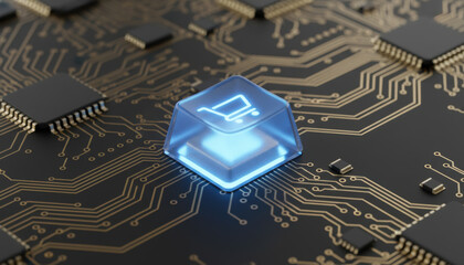 Ecommerce shopping cart icon on technology circuit board represents digital online retail business and computer hardware used for high tech internet commerce and global financial transactions.