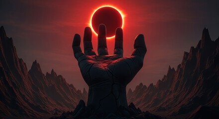 Mysterious Hand Reaching Towards Fiery Solar Eclipse Over Jagged Mountains.