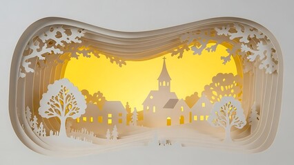 Enchanting layered paper cut village art piece glowing with warm yellow light
