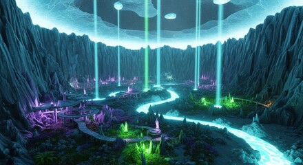 Mystical Valley Landscape with Glowing Beams of Light and Water.