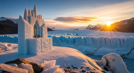 Majestic Ice Castle Sculpture on a Frozen Glacier at Sunrise.