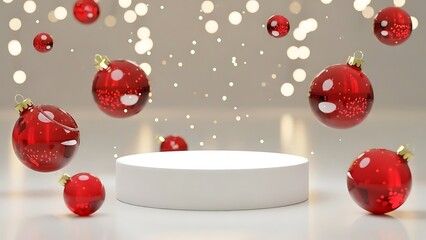 Festive christmas scene with a white product display podium surrounded by red ornaments and glowing bokeh lights