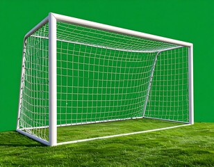 A white soccer goal with green background, resting on green grass