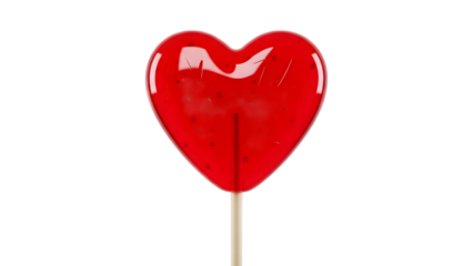 Red heart shaped lollipop on a stick, studio shot on grey background