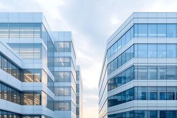 Obraz premium Modern Office Buildings with Glass Facades Under Soft Cloudy Sky at Sunset