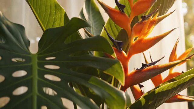 Vivid tropical leaves with sunlight casting gentle shadows, showcasing vibrant colors and textures