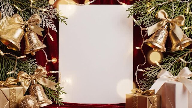 Festive gold bells, gifts, and twinkling lights border a blank white card