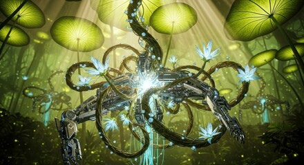 Surreal Alien Flora and Fauna Encounter in Bioluminescent Forest.