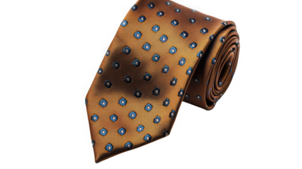 Elegant rich brown silk tie featuring small blue and white floral medallion pattern isolated on black