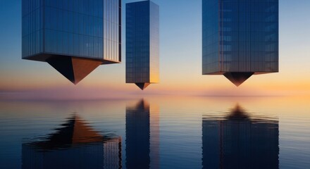Futuristic Geometric Buildings Reflecting in Calm Water at Sunset.