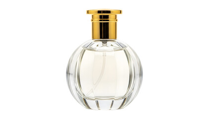 Clear glass perfume bottle with gold cap isolated on a transparent background