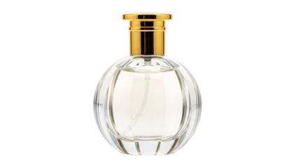 Clear glass perfume bottle with gold cap isolated on a transparent background