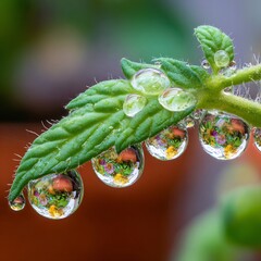 Vibrant green leaf with dew drops reflecting colorful flowers in garden