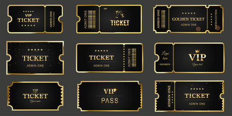 Set of elegant black and gold VIP tickets and passes. Luxury vector templates for premium events, concerts, and cinema. Includes barcodes and stars. Ideal for exclusive access invitations.