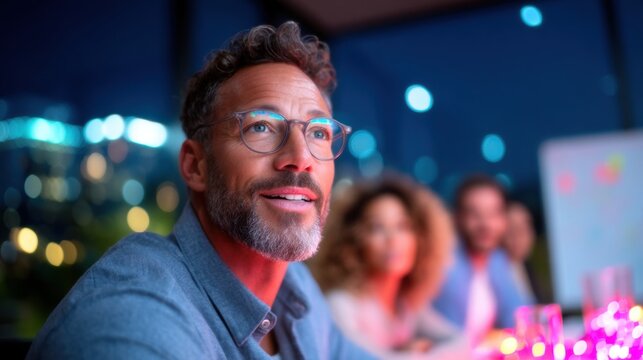 Focused businessman wearing glasses in a modern office at night, illuminated by city lights and colored mood lighting.