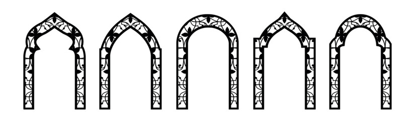 Obraz premium Arabian mosque window, arabic door with arabesque ornament. Old islamic frames, arches with geometric motif pattern. Muslim palace architecture borders, gates with mashrabiya panel. Ramadan, Al-Adha