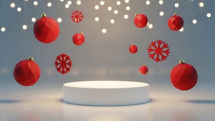 Red geometric Christmas ornaments and snowflakes floating above podium with festive lights creating modern holiday product display