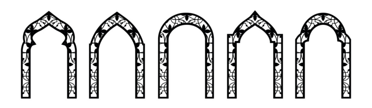 
Arabian mosque window, arabic door with arabesque ornament. Old islamic frames, arches with geometric motif pattern. Muslim palace architecture borders, gates with mashrabiya panel. Ramadan, Al-Adha