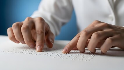 Person's hands reading braille text on a white surface with blue background