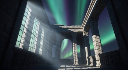 Aurora Borealis Illuminates Grand Classical Architecture Interior.