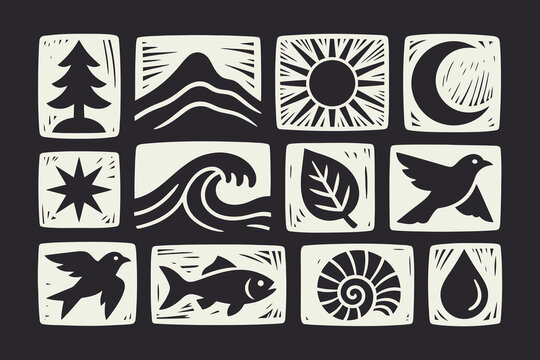 Linocut Nature Icon Set: Tree, Mountain, Sun, Moon, Water, Wildlife Symbols