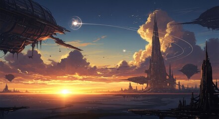 Futuristic Cityscape at Sunset with Flying Vehicles.