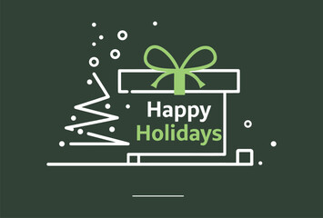 Minimal Gift Box Line Art Illustration with Happy Holidays Text on Green Background