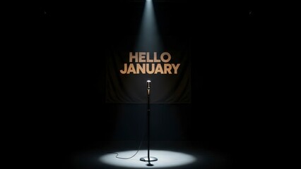Hello January Text Illuminated by Spotlight on Stage with Microphone.