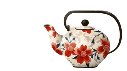 Elegant cream and red floral patterned teapot isolated on a black background perfect for kitchenware design