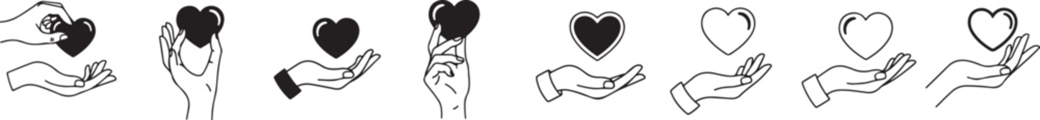 Fototapeta premium vector Hand holding heart icon set , charity and love symbol vector in black and white in white background.