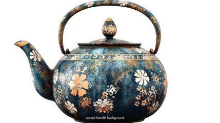 Ornate antique dark blue ceramic teapot featuring detailed floral patterns and a rustic gold finish