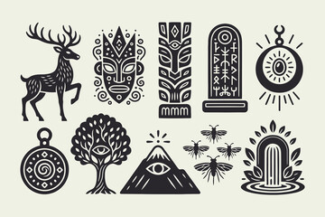 Fototapeta premium Esoteric Black Vector Icons Set: Deer, Tribal Masks, Runes, Third Eye, and Spiritual Nature Symbols.