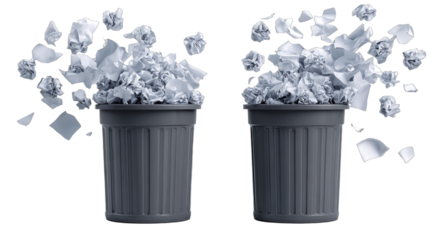 Two grey trash bins overflowing with crumpled paper, mid-explosion