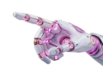 Futuristic robotic hand with glowing pink joints and white metallic finish