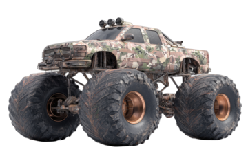 Camouflaged monster truck with oversized tires on a black background