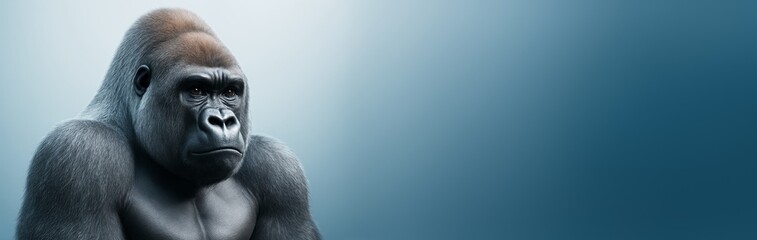 Obraz premium Closeup of a serious gorilla on left side with empty smooth gradient blue background, ideal for wildlife poster, banner, or copyspace concept. Ai generative