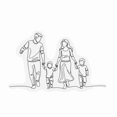 Continuous Line Art: Happy Family Walking Hand in Hand. Parents with Two Children Illustration.