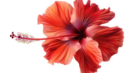 Stunning close up of a vibrant red hibiscus flower isolated against a deep black background